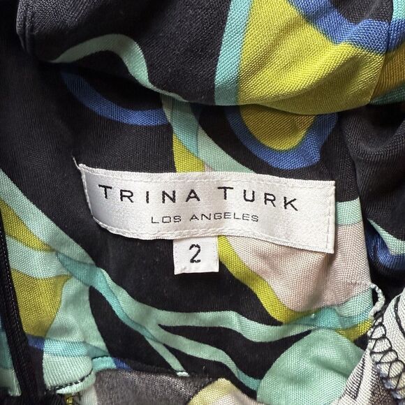 Trina Turk Green Multicolor‎ Print V-Neck A-Line Silk Dress Racerback - Size 2 - Picture 2 of 7
